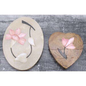 Soapstone Abalone MOP ShelI Inlay Trinket Lids Only Oval Heart Floral Craft Vtg